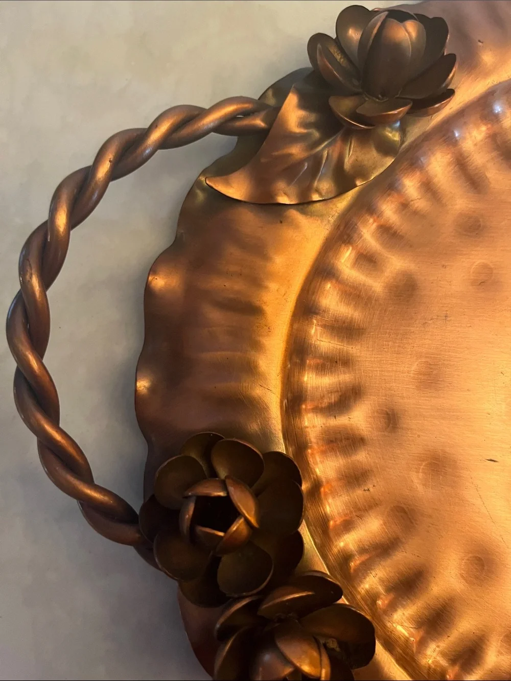 Vintage Gregorian Copper Tray platter with copper roses twisted handles #907